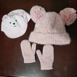 Toddler Girl Winter Hat And Mittens Bundle Pink Beanie w Ears, Teddy Bear (GW)